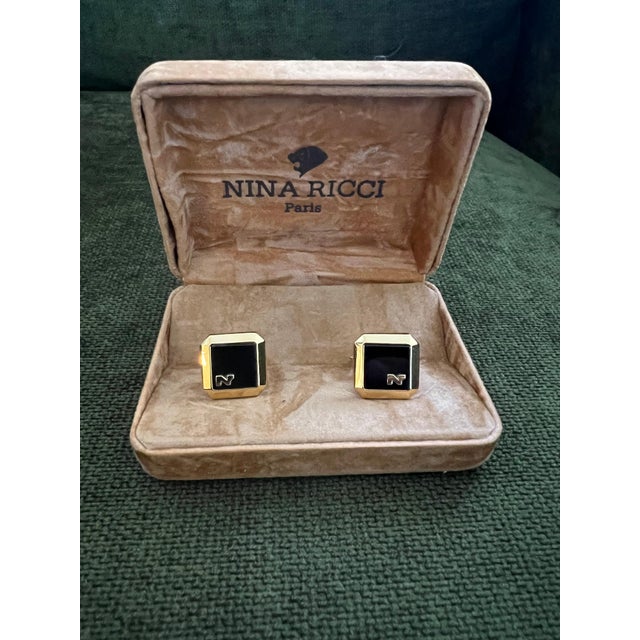 Rare Vintage Nina Ricci Gold & Black Cufflinks Logo Circa "1980" Original Case For Sale - Image 12 of 18