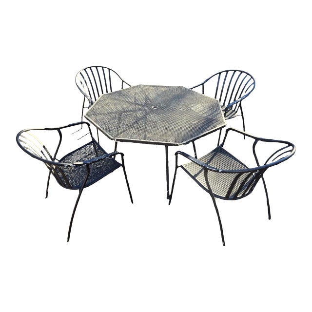 Late 20th Century Wrought Iron Octagon Table and Chairs, 5 Pieces For Sale