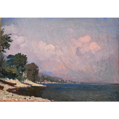 Light work, early 1900s, Lake Maggiore towards evening, splendid sky and clouds. Giovanni Guarlotti was born in Galliate...