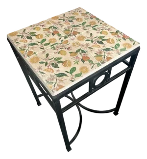 French Tile-Top Iron Side Table With Citrus Motif