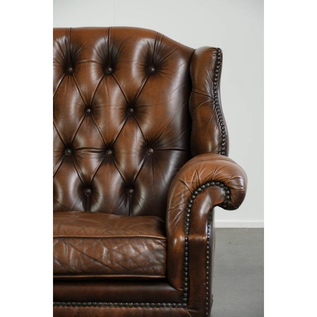 Vintage English Cowhide Chesterfield Wing Armchair For Sale - Image 9 of 13