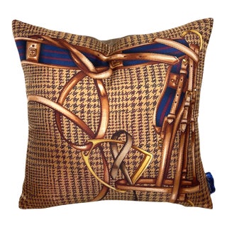 Ralph Lauren Houndstooth Equestrian Vintage Silk Scarf Pillow For Sale