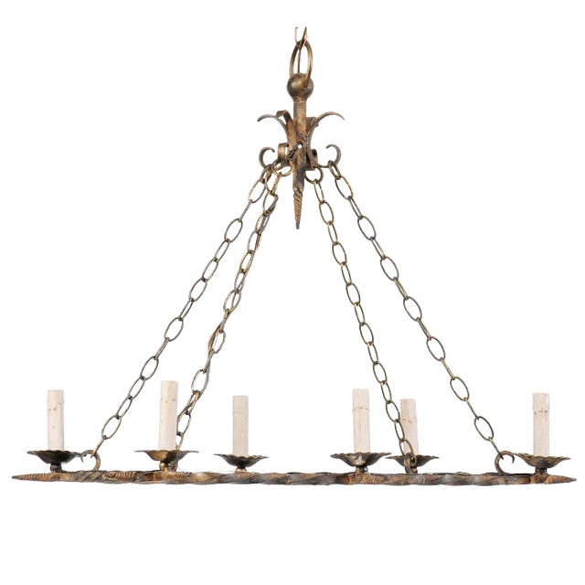 French Vintage Rectangular Six-Light Iron Chandelier Brushed in Gold Color For Sale