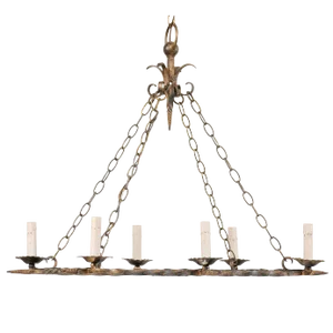 French Vintage Rectangular Six-Light Iron Chandelier Brushed in Gold Color
