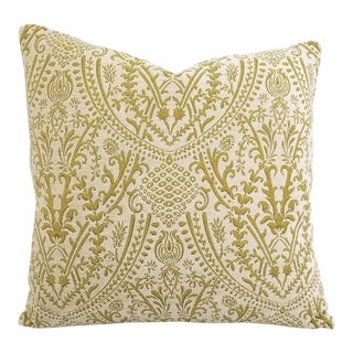JF Fabrics Ian White Chenille and Chartreuse Damask Pillow Cover For Sale