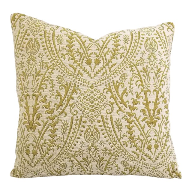 JF Fabrics Ian White Chenille and Chartreuse Damask Pillow Cover For Sale