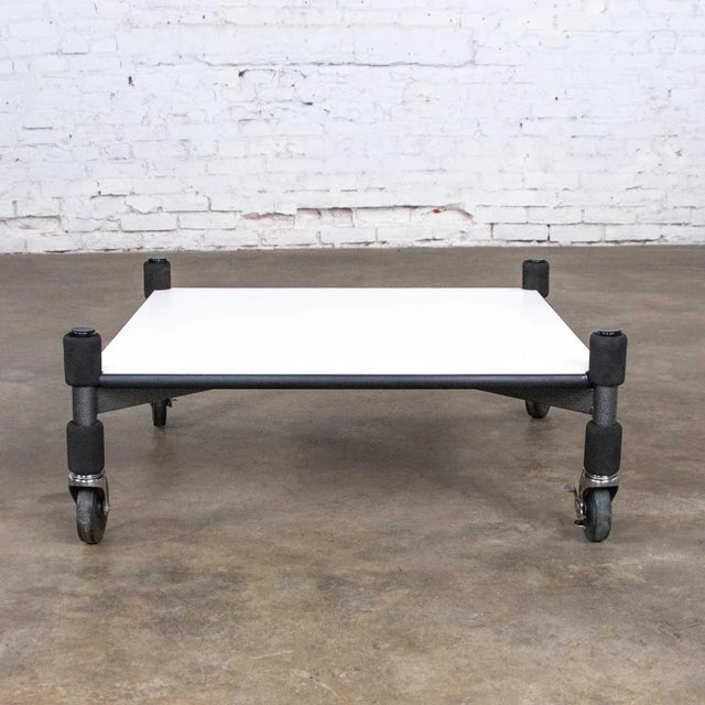 Post-Modern Low Coffee Table or End Table White Laminate & Metal on Casters Style Brian Kaneodern For Sale - Image 11 of 11