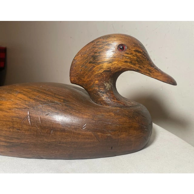 Folk Art Antique 30 Hel Hand Carved Wood Flat Bottom Folk Art Duck Decoy Sculpture Statue For Sale - Image 3 of 11