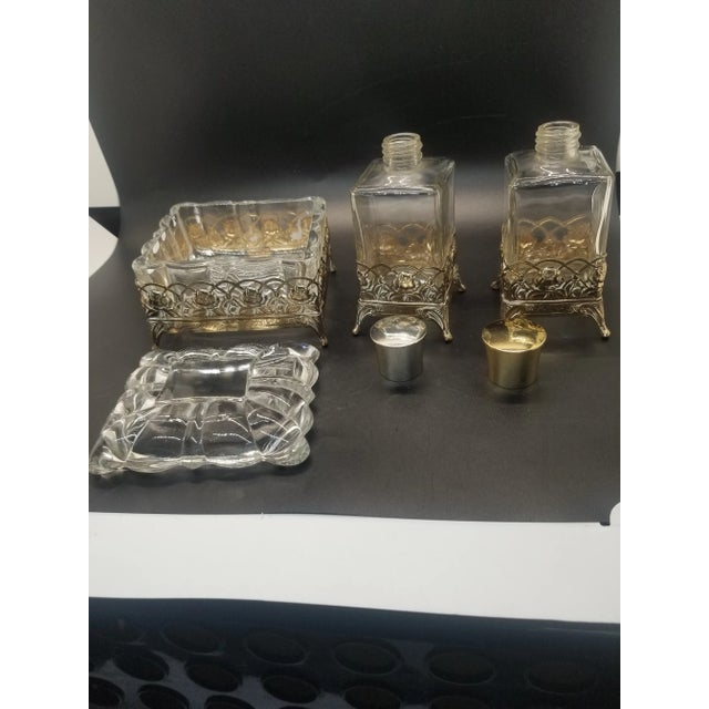 Vintage Glass and Gold Filligree Vanity Set, With Trinket Box and Perfume Bottles, Dressing Table Set For Sale - Image 9 of 10