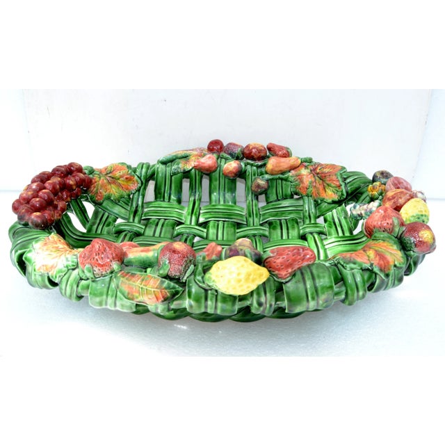 Mid-Century Modern Vallauris France Glazed Woven Ceramic Basket Pink & Green Strawberry Pottery 70 For Sale - Image 3 of 13