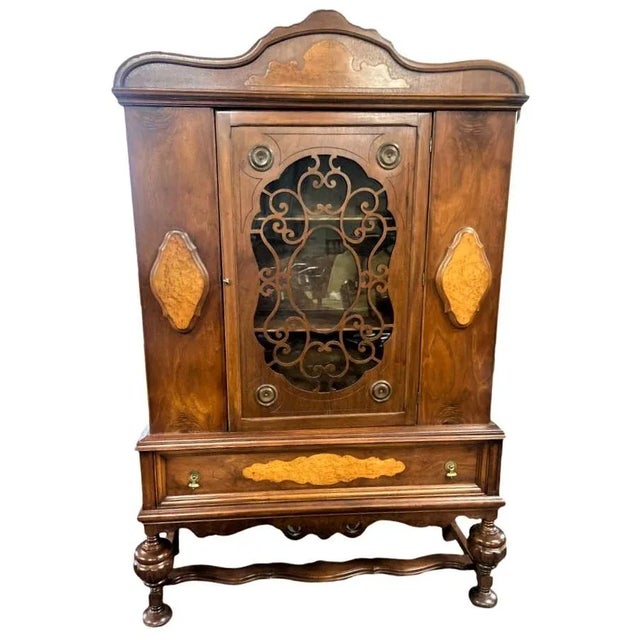 Early 20th Century Antique Spanish Revival Walnut and Burlwood China Cabinet For Sale - Image 9 of 9