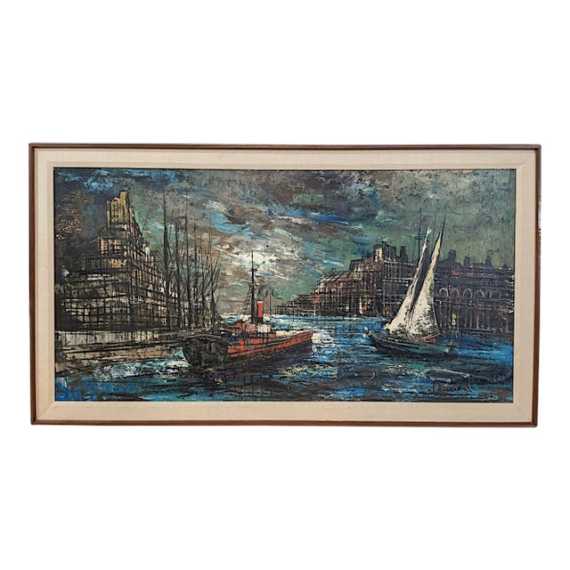Large Signed Mid-Century Modern Harbor Scene Oil Painting, Palette Knife Maritime Cityscape For Sale