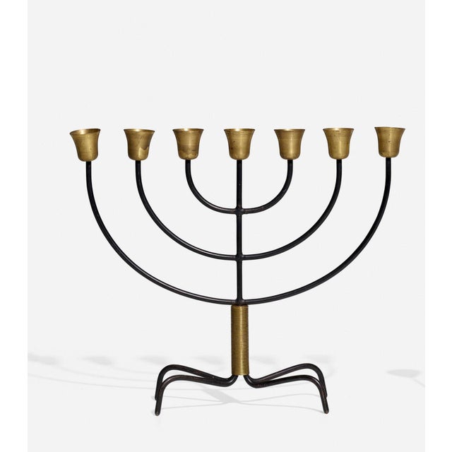 Svend Aage Holm Sørensen Steel and Brass Menorah, Danish Mid-Century Modern, 1960s This Danish Mid-Century Modern menorah...