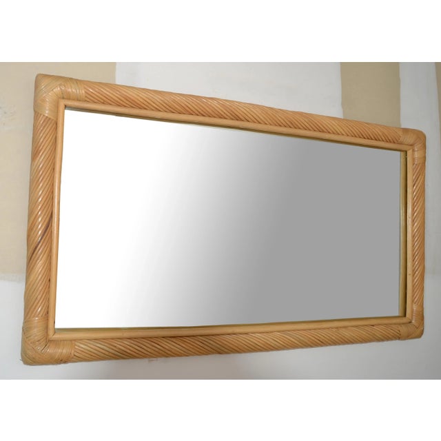 1970s 1970s Hollywood Regency Bohemian Rectangular Handwoven Rattan and Bamboo Wall Mirror For Sale - Image 5 of 12