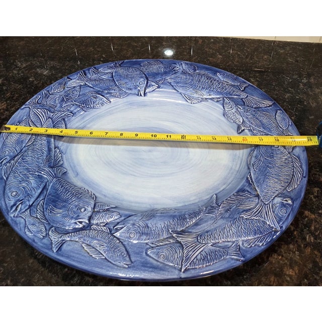 Ceramic Vintage Italian Azure Blue Fish Oval Majolica Platter Party Platter For Sale - Image 7 of 8