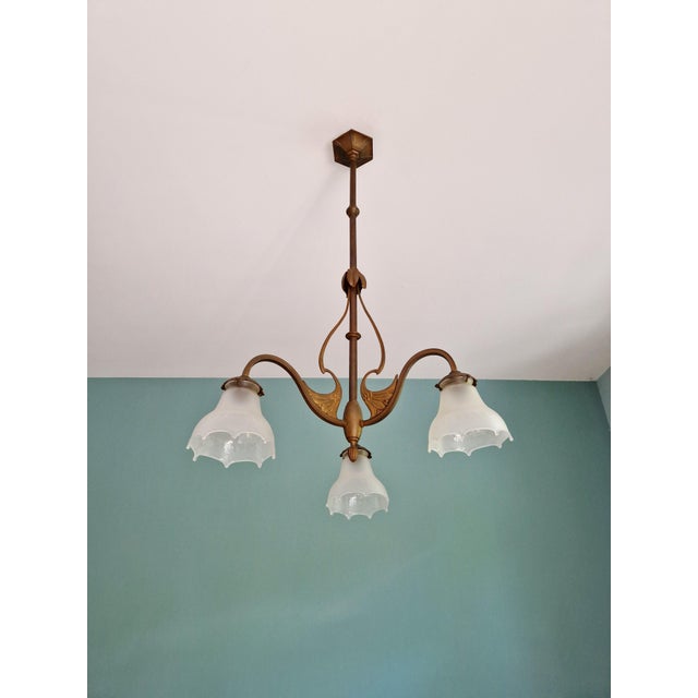 Antique Art Nouveau Chandelier in Brass and Scalloped Frosted Glass, 1890s For Sale - Image 16 of 16