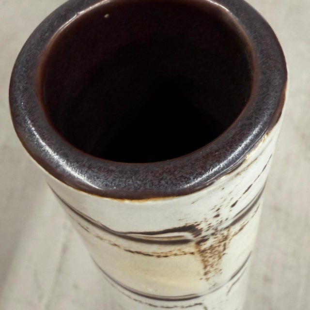 Rustic Tall Slender White & Brown Ceramic Vase with Drip Cascade For Sale - Image 3 of 11