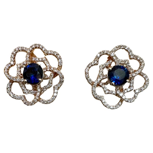 1 Carat Each Sapphire Diamond Flower/Cluster Earring 14 Karat Rose Gold For Sale - Image 10 of 18