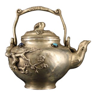 Silvered Bronze Overhead-Handle Teapot — Plum Blossom Branch Relief With Inlaid Stones, Bird-Head Spout For Sale