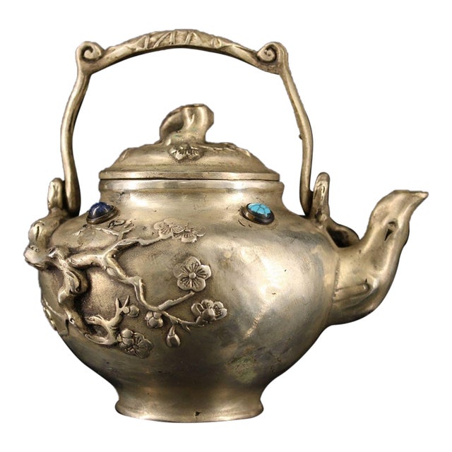 Silvered Bronze Overhead-Handle Teapot — Plum Blossom Branch Relief With Inlaid Stones, Bird-Head Spout For Sale