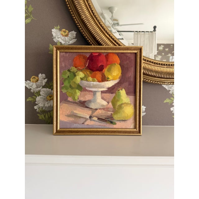 This painting is a fun and colorful still life of fruit. I enjoy the different fruit depicted and the simple way they are...