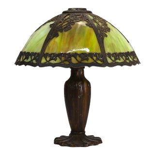 Antique Bradley & Hubbard School 6-Panel Slag Glass Lamp With Floral Motif C1920 For Sale