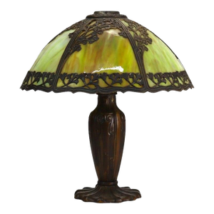 Antique Bradley & Hubbard School 6-Panel Slag Glass Lamp With Floral Motif C1920