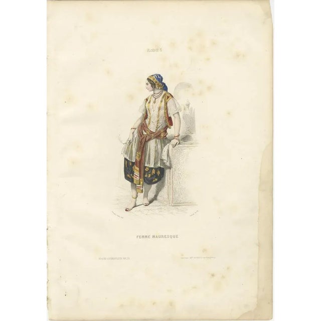 Moorish Woman Costume Print Algeria 1853 by Compte-Calix – Hand-Colored Lithograph This elegant antique print depicts a...