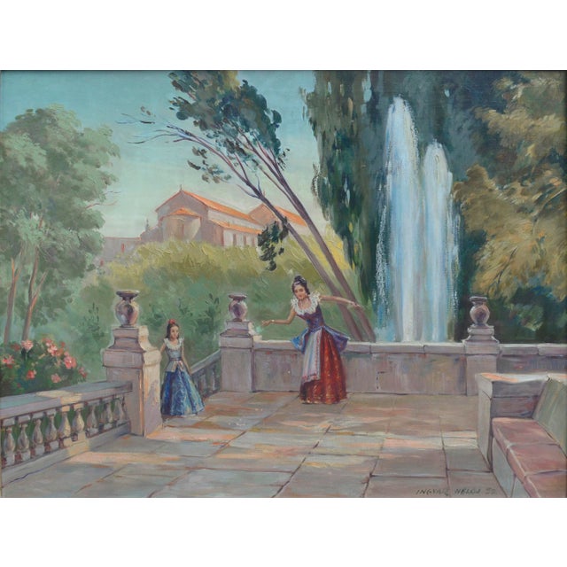 Charming mid century figurative landscape of two sisters on an opulent terrazza, complete with a fountain and villa in the...