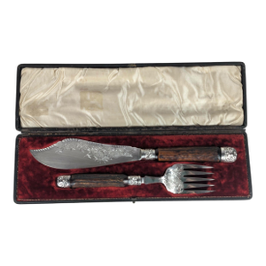 Victorian English Fish Serving Knife and Fork, Aesthetic Movement, C. 1888