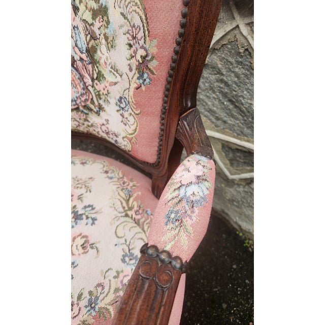 Pair of Vintage Louis XV Style French Provincial Open Armchairs With Pink Romantic Tapestry Upholstery For Sale - Image 17 of 17