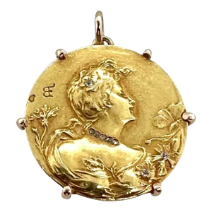Edmond-Henri Blecker French 18k Gold Art Nouveau Portrait Pendant