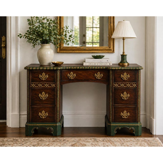 A beautifully scaled vintage Baker double pedestal desk, thoughtfully refined to highlight its original craftsmanship...