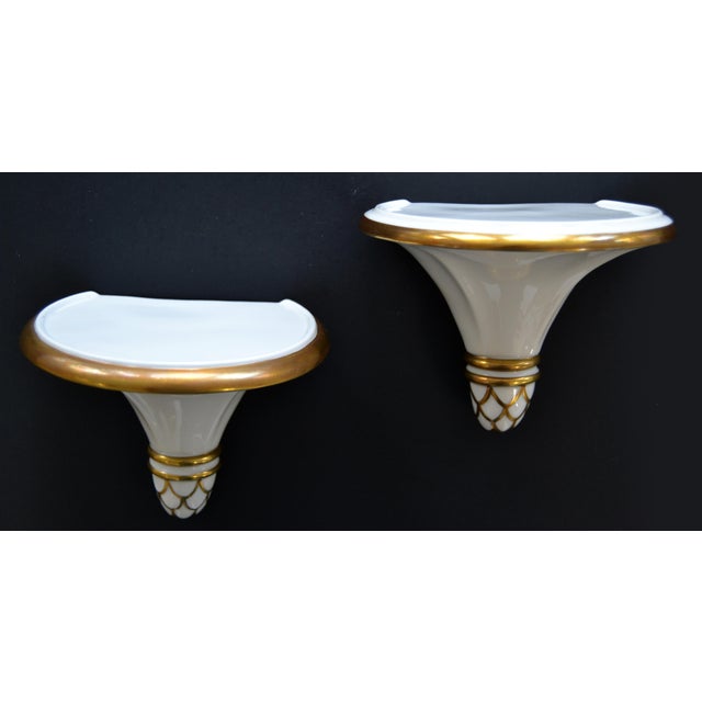 Pair of White Porcelain and Gold Leaf Corbels, Wall Brackets, Display Sconces made by Hutschenreuther Self in Bavaria...