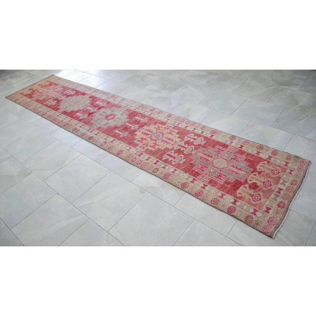 Hand-Knotted Turkish Runner Rug, Low Pile Hallway Rug Kitchen Decor - 3′ × 12′3″ For Sale - Image 18 of 18