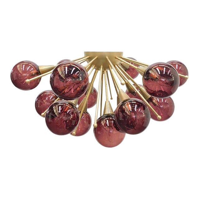 Italian Mezzo Natural Brass Amethyst Bubbles Murano Globe Flush Mount by Fabio LTD For Sale