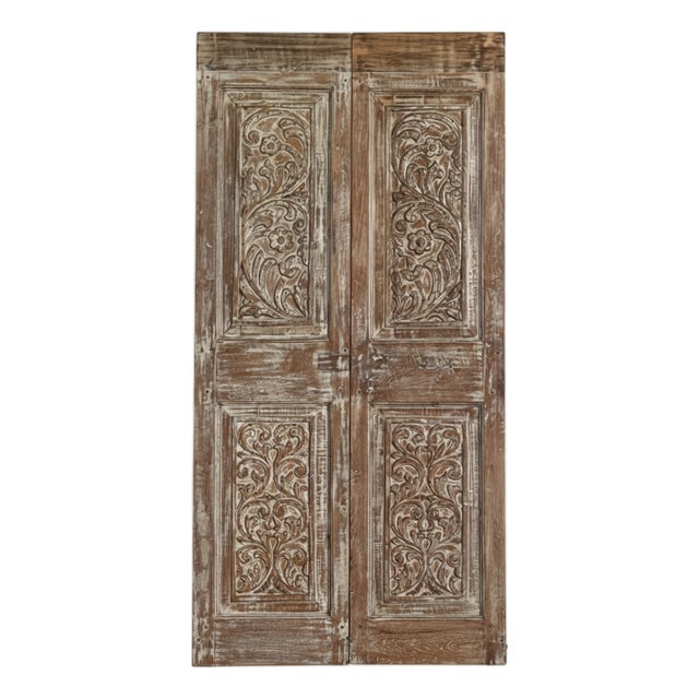 Antique Floral Hand-Carved Double Doors | Reclaimed Wood Hinged or Sliding Doors 80x39 For Sale