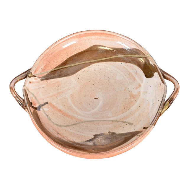 Large Painted Glazed Ceramic Studio Pottery Bowl With Handles From