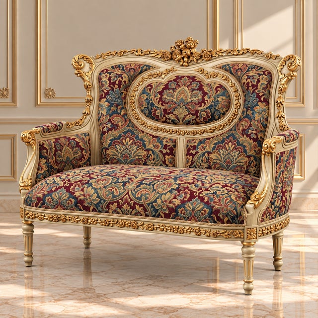 Bring a luxurious European aesthetic to your interior with this ornate French-style sofa, featuring richly patterned...