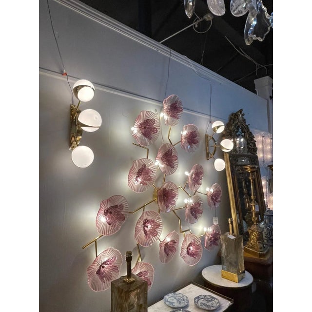 Italian Modern Murano Brass & Glass Ball Form Sconces - A Pair For Sale - Image 3 of 6