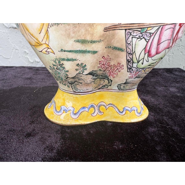 Chinese Vintage Chinese Style Enameled Brass Scenic Vase With Double Finial Lid, Hand-Painted Figures For Sale - Image 3 of 12