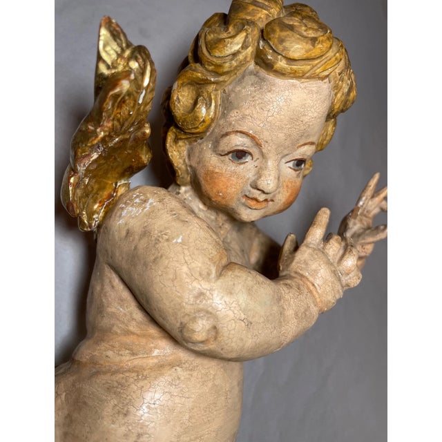 Wood Antique 1800's Hand Carved Gilt Wood Religious Winged Cherub Sculpture Statue For Sale - Image 7 of 15