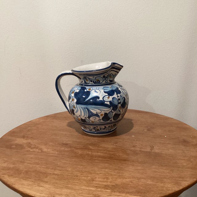 Vintage Italian Handmade Hand Painted Blue & White Deruta Siena Ceramica Majolica Water Jug/Wine Pitcher For Sale - Image 12 of 13