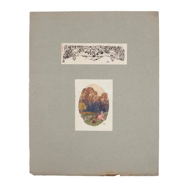 Landscape and Still Life is included two original drawings in pencil, watercolor, and pen on paper, applied on greenish...