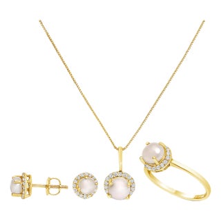 10K Yellow Gold Pearl 2 3/4 Cttw with Diamond 3/8 Cttw Halo Jewelry Set (Earrings, Pendant & Ring) For Sale
