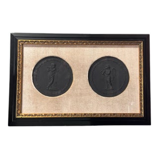 2 Antique Victorian Wedgwood Basalt Plaques With Flute Playing Cherub & Angel For Sale