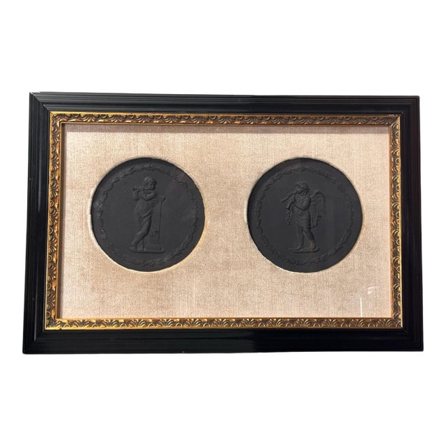 2 Antique Victorian Wedgwood Basalt Plaques With Flute Playing Cherub & Angel For Sale