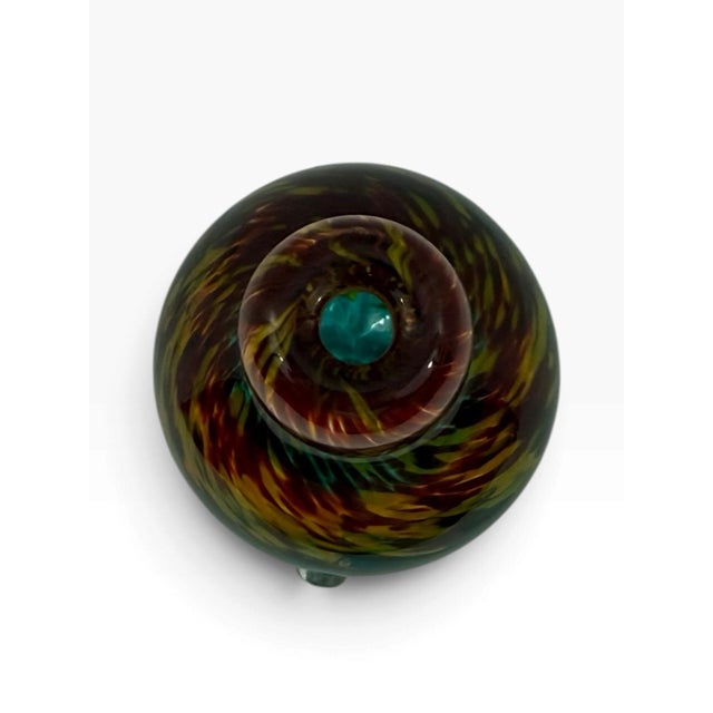 Mid-Century Modern Signed Studio Art Glass Vase Teal and Flame Spatter Pulled Foot 2001 For Sale - Image 3 of 8