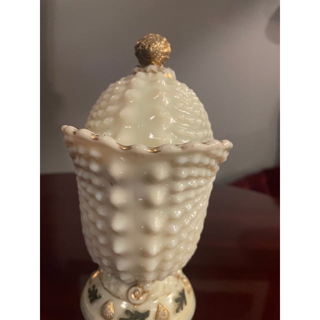 Victorian 1900 Rare Northwood Argonaut Shell Custard Glass Covered Sugar Bowl Gilt Accents For Sale - Image 3 of 15