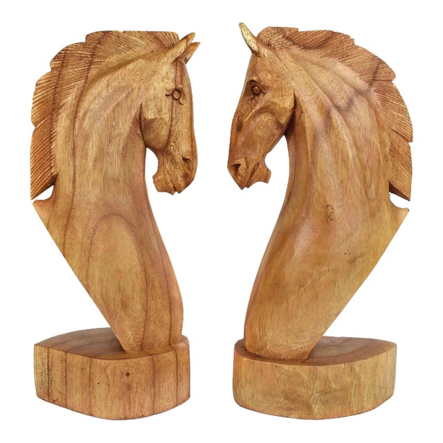 Late 20th Century Hand Carved Solid Wood Horse Head Bust Sculpture - a Pair For Sale